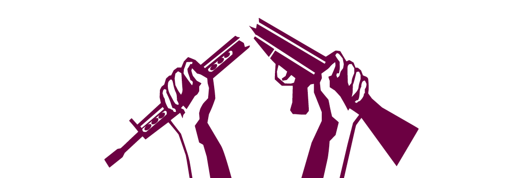 Eine Illustration von zwei Händen die zwei Teile von einer Waffe umschließen, die von diesen Händen zerbrochen wurde